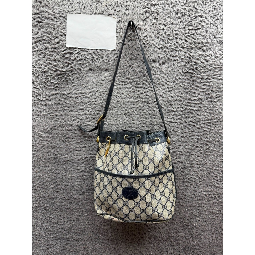 Vintage Gucci GG Supreme Coated Canvas Leather Trim Drawstring Bucket Bag